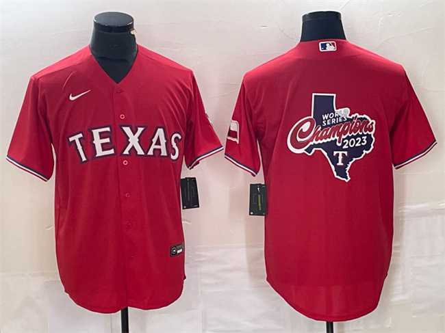 Mens Texas Rangers Red 2023 World Series Champions Big Logo With Patch Cool Base Stitched Baseball Jersey